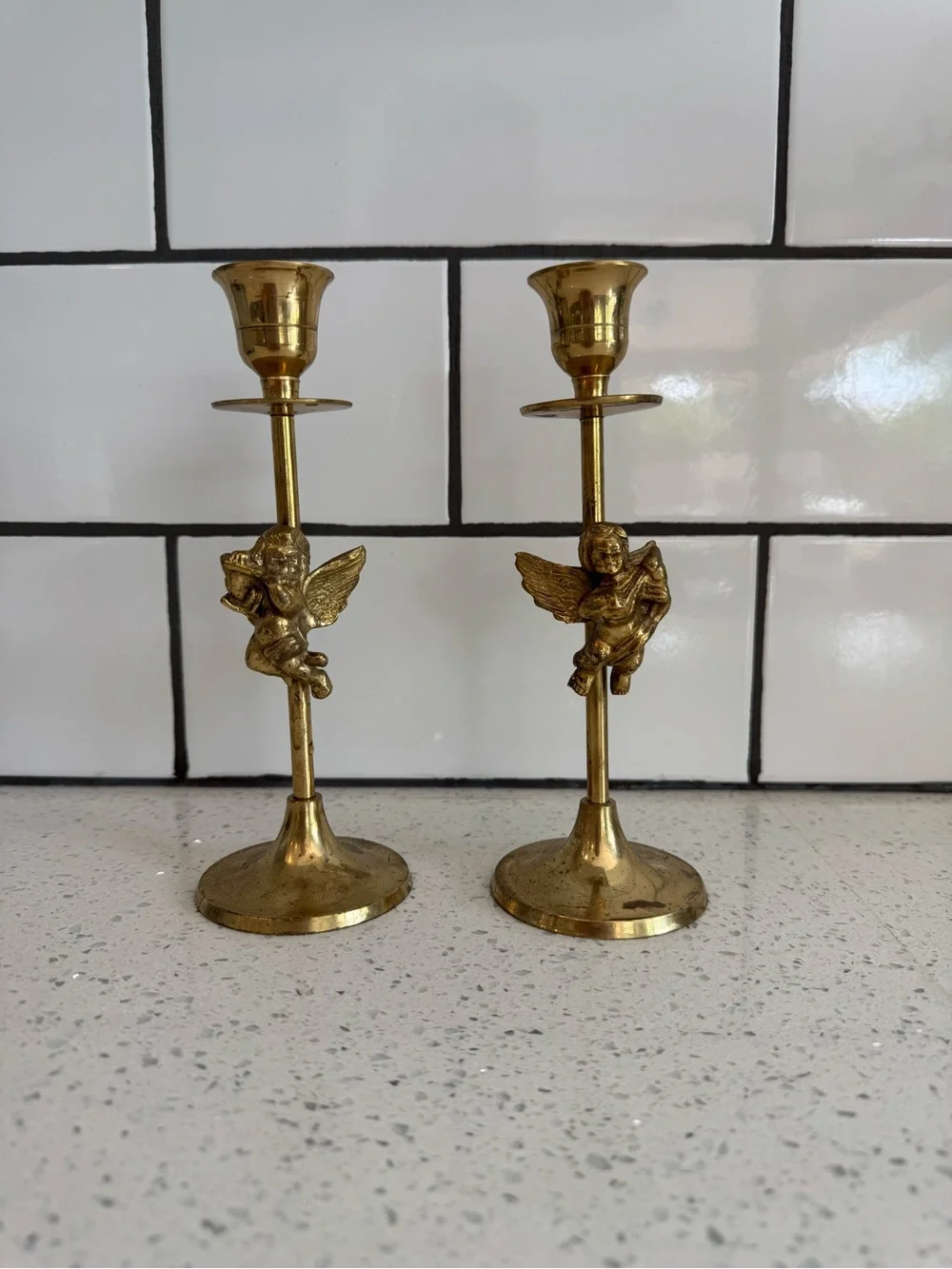 Vintage Pair Brass Cherub Angel Candle Holders